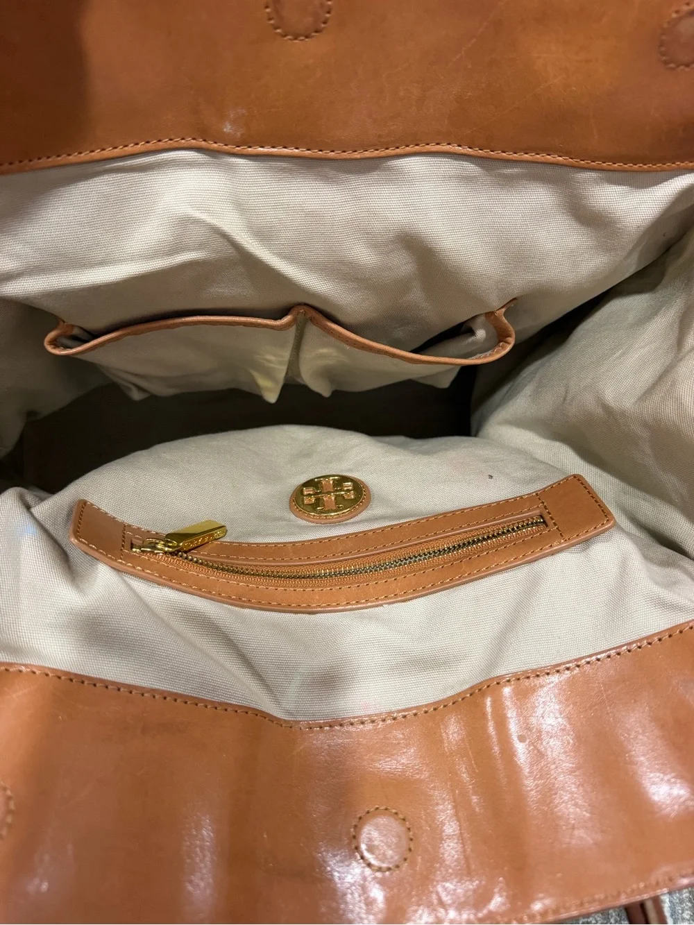 Tory Burch Cream Canvas and Tan Leather Tote